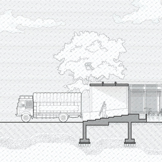 Architectural drawing of a Indian street scene with a tree, people and truck vector elevation
