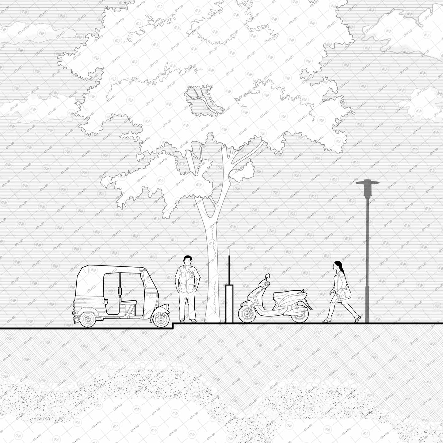 Architectural drawing of a Indian street scene with a tree, people, Auto rickshaw and scooter vector elevation