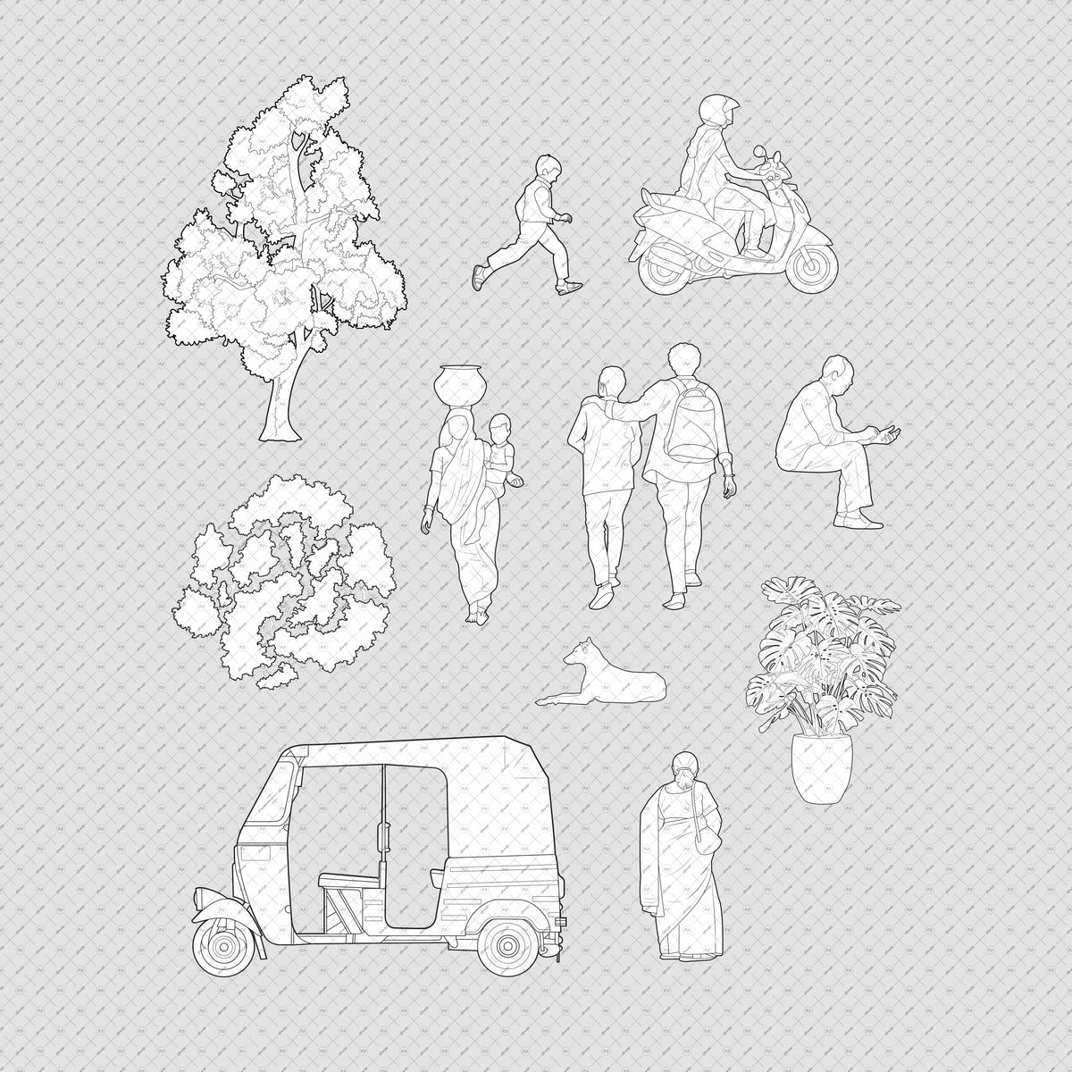PNG-Architecture-cutouts-FREE-People-Trees-Vehicle-Elevation