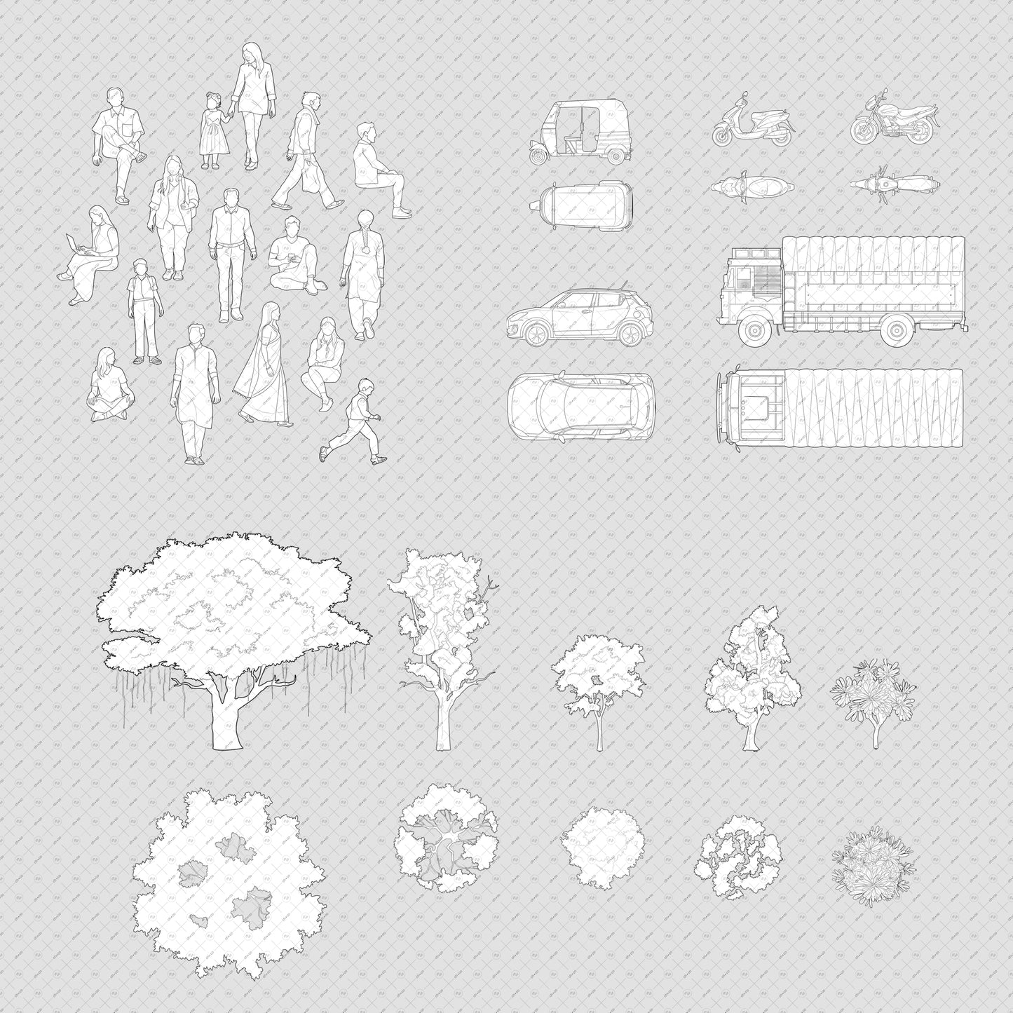 Architecture Essentials India pack with vector cutouts of people, trees, and vehicles for architectural drawings