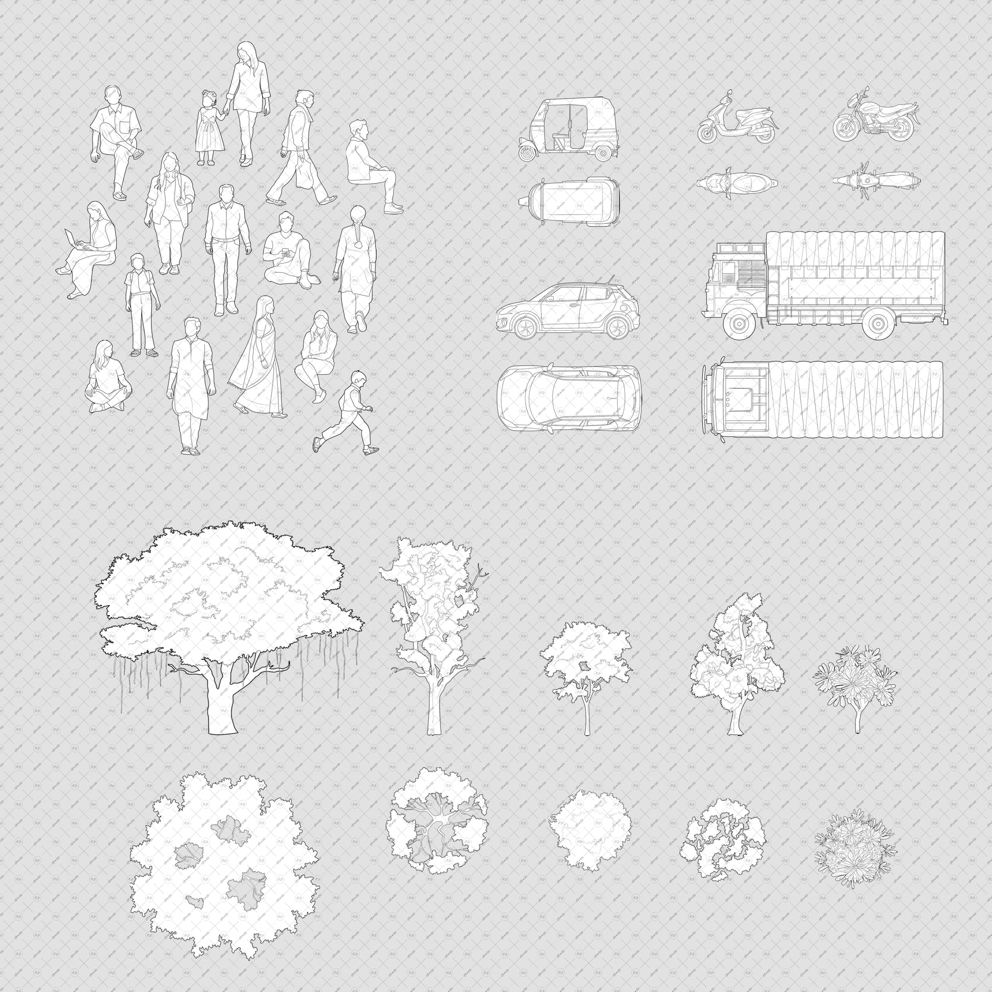 Architecture Essentials India pack with vector cutouts of people, trees, and vehicles for architectural drawings
