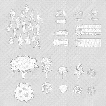 Architecture Essentials India pack with vector cutouts of people, trees, and vehicles for architectural drawings