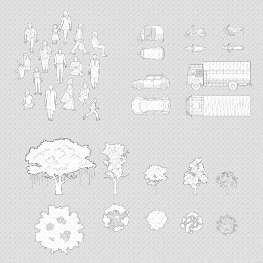 Architecture Essentials India pack with vector cutouts of people, trees, and vehicles for architectural drawings