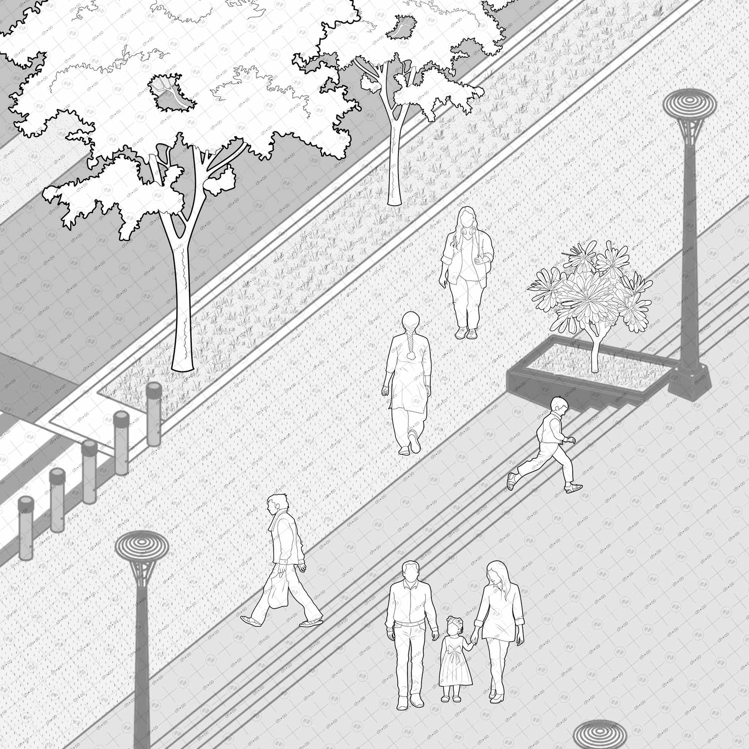 Isometric drawing showing diverse age and gender Indian people vector cutouts for site plans and elevations