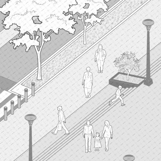 Isometric drawing showing diverse age and gender Indian people vector cutouts for site plans and elevations