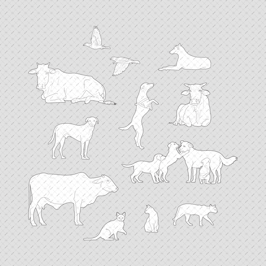 Indian-Street-Animals-Elevation-Vector-PNG-Cutout-Pack-Stray-dogs-cats-cows