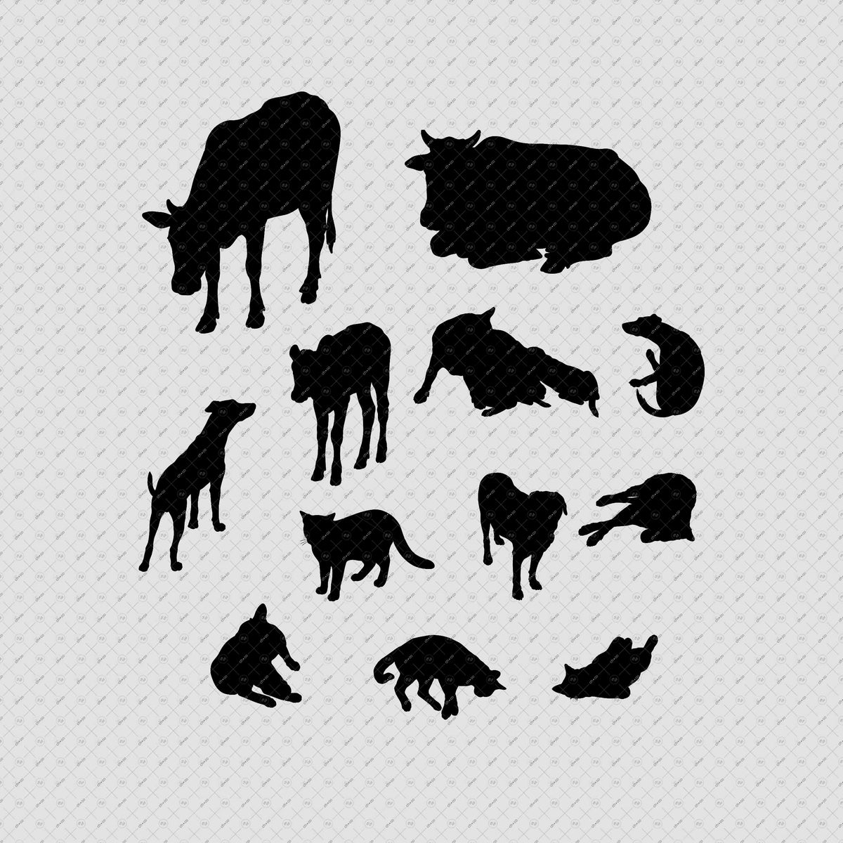 Indian-Street-Animals-PNG–Vector-brush-silhoutte-Dogs-Cats-Cows-isometric-view-Architecture