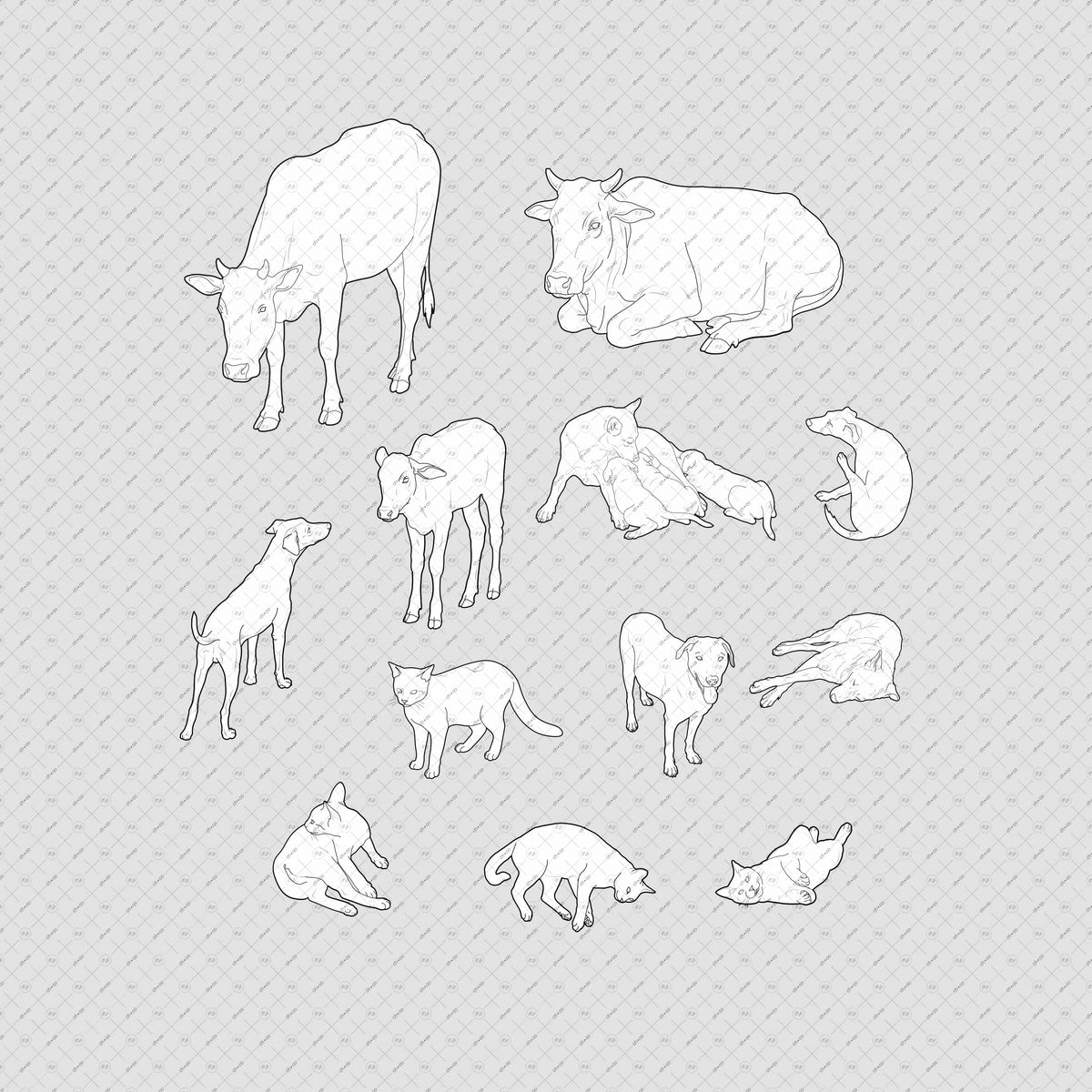 Indian-Street-Animals-PNG–Vector-cutout-Dogs-Cats-Cows-isometric-view-Architecture