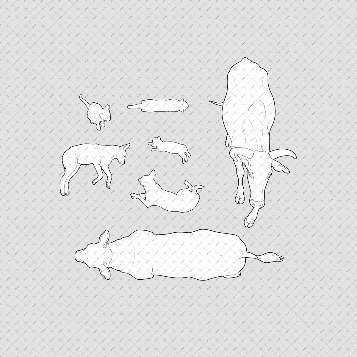 Indian-Street-Animals-PNG–Vector-cutout-Dogs-Cats-Cows-top-view-plan-Architecture