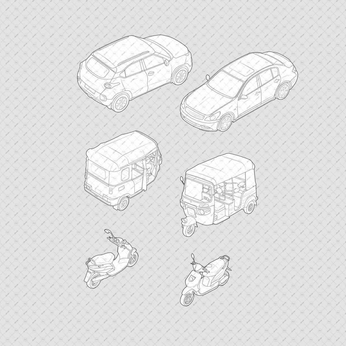 Indian-Vehicles-Cutouts–autorickshaw-Scooter-car-isometric-view-vector-png-Architecture