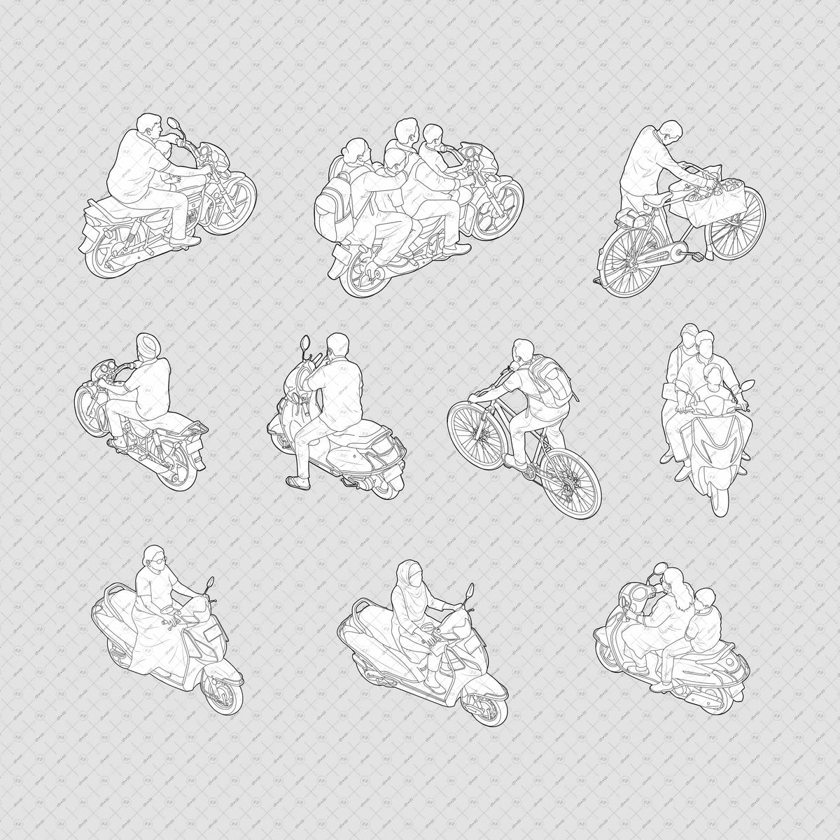Indian-Vehicles-people-Cutouts–Scooter-bicycle-Isometric-Vector-PNG-Architecture