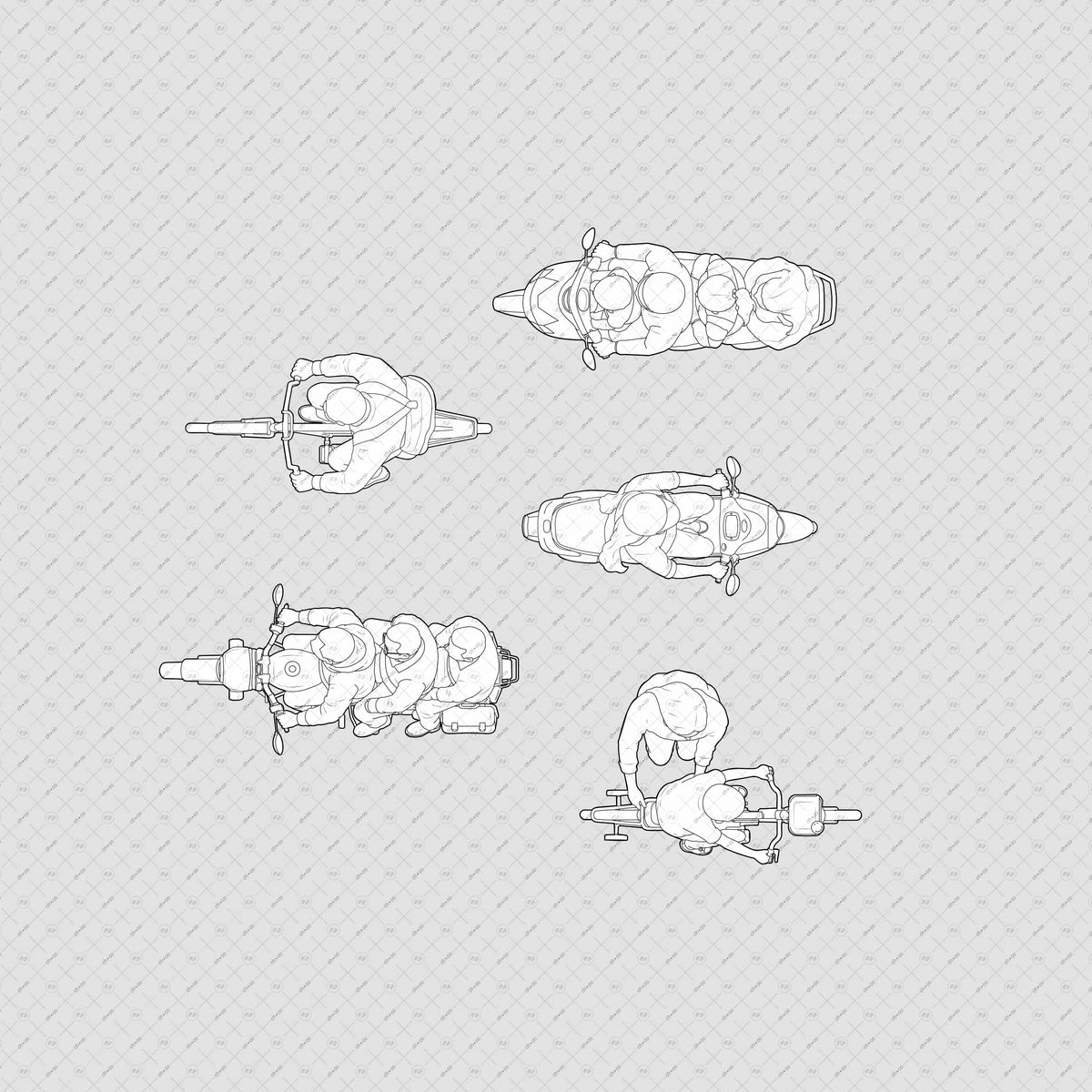 Indian-Vehicles-people-Cutouts–Scooter-bicycle-top-view-plan-Vector-PNG-Architecture