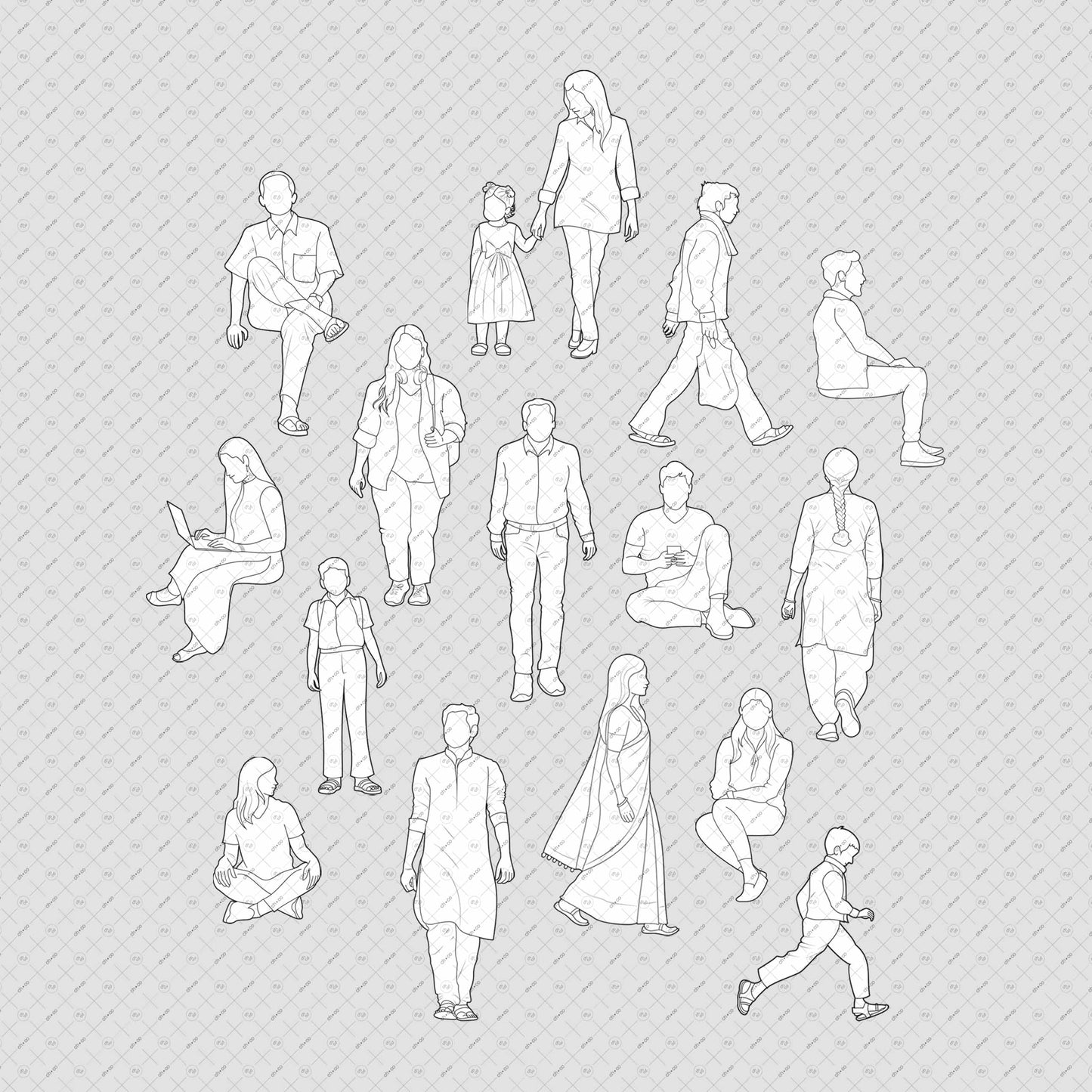 Indian people architecture pack with vector cutouts for architectural plan and elevation