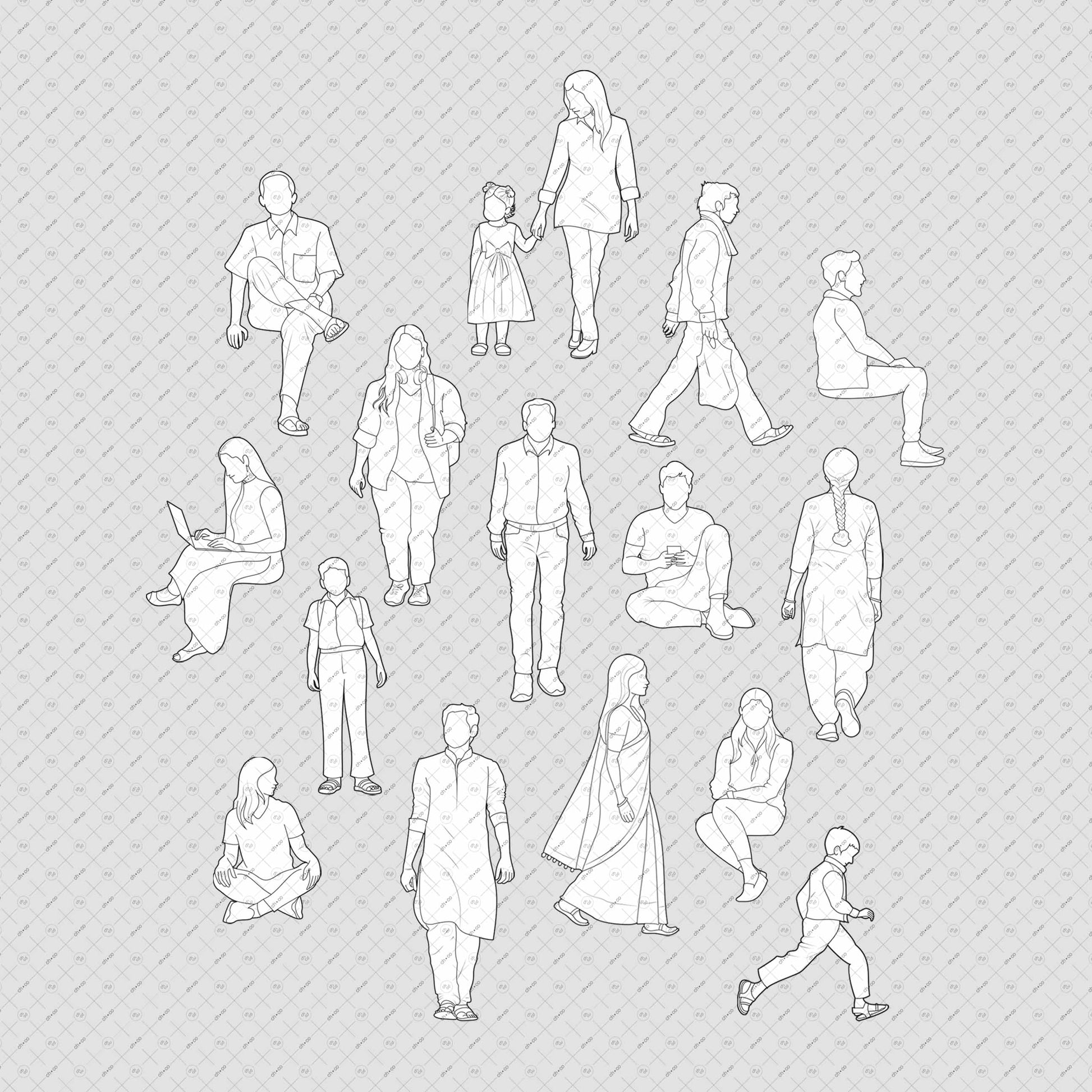 Indian people architecture pack with vector cutouts for architectural plan and elevation