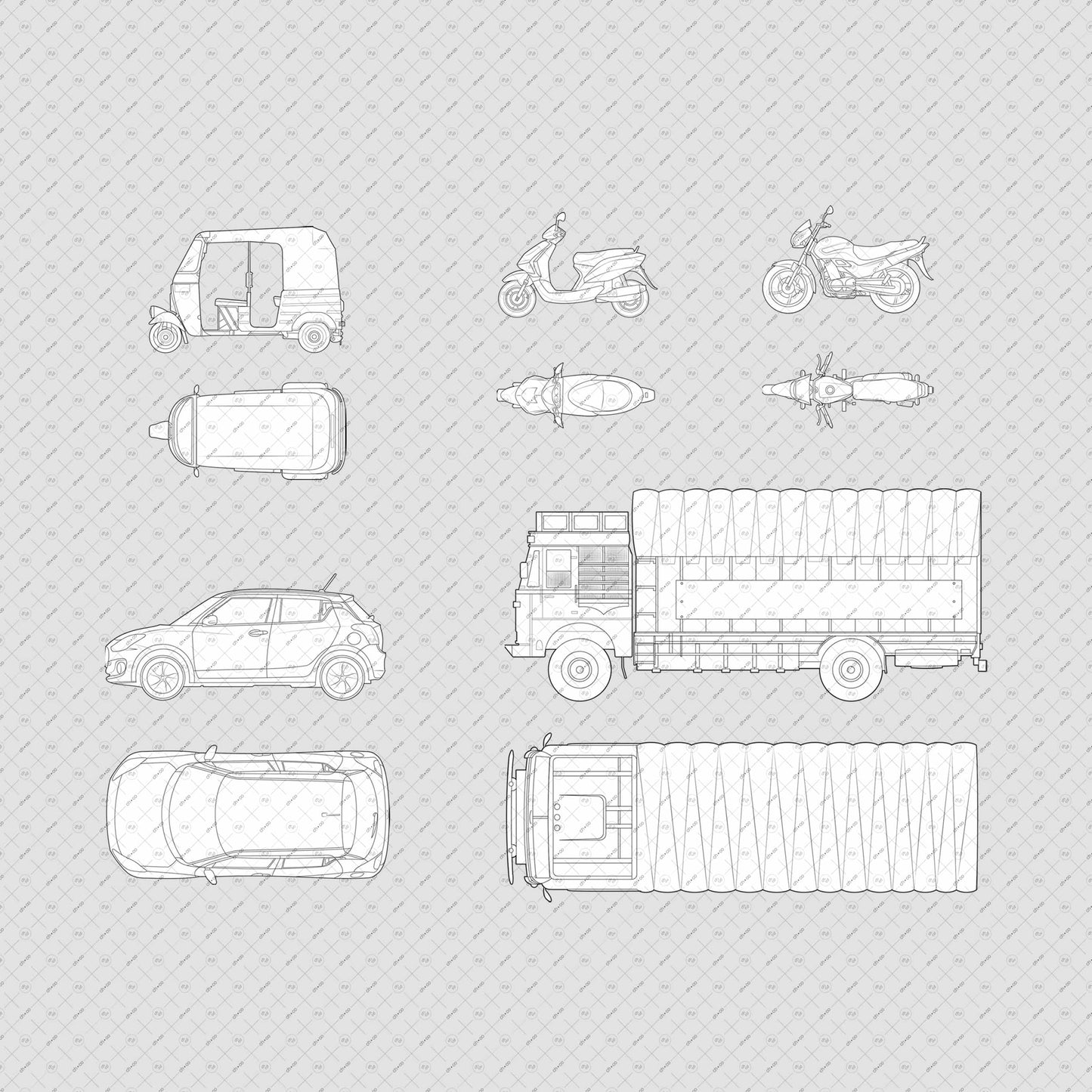 Architecture vehicles of India (Autorickshaw, truck, scooter, bike) vector cutouts pack for architectural plan and elevation