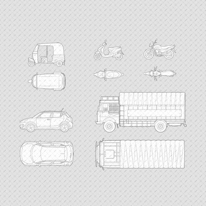 Architecture vehicles of India (Autorickshaw, truck, scooter, bike) vector cutouts pack for architectural plan and elevation