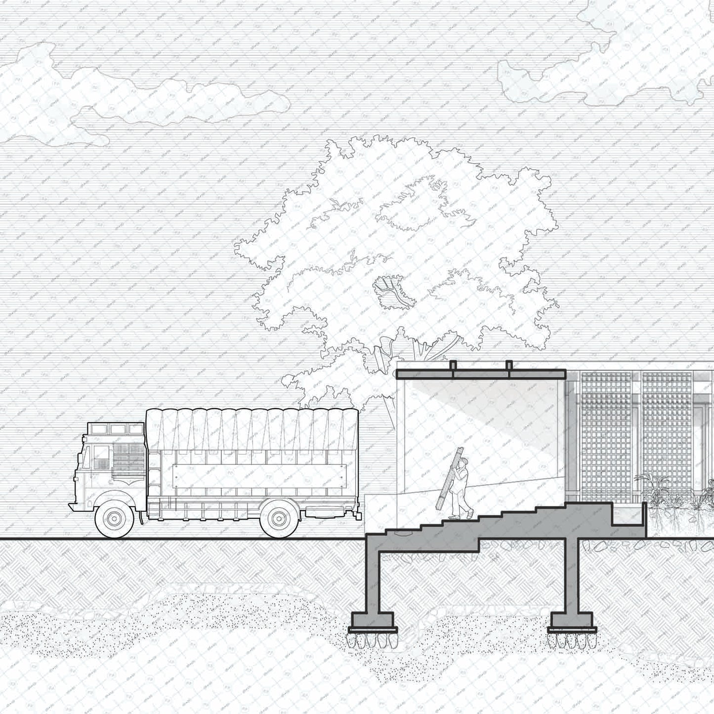 Architectural drawing of a Indian street scene with a tree, people and truck vector elevation