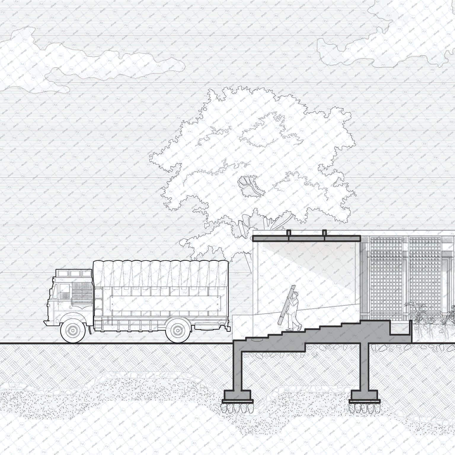 Architectural drawing of a Indian street scene with a tree, people and truck vector elevation