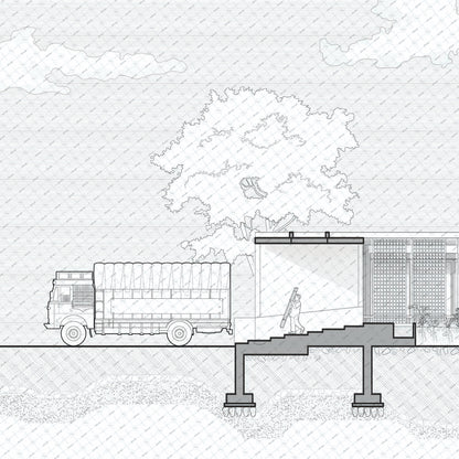 Architectural drawing of a Indian street scene with a tree, people and truck vector elevation