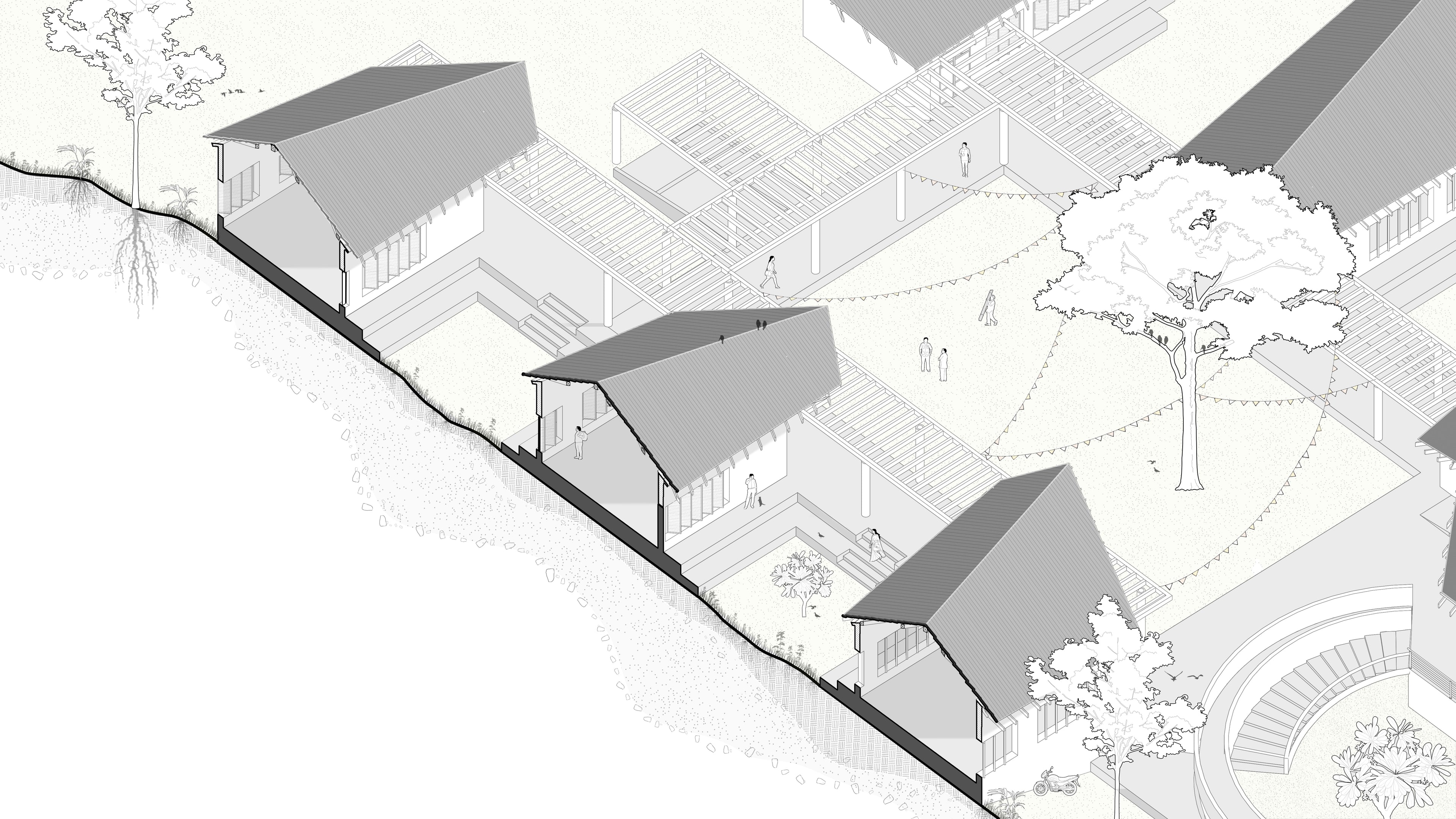 Isometric architectural drawing with Indian people, trees and vehicles vector cutouts.
