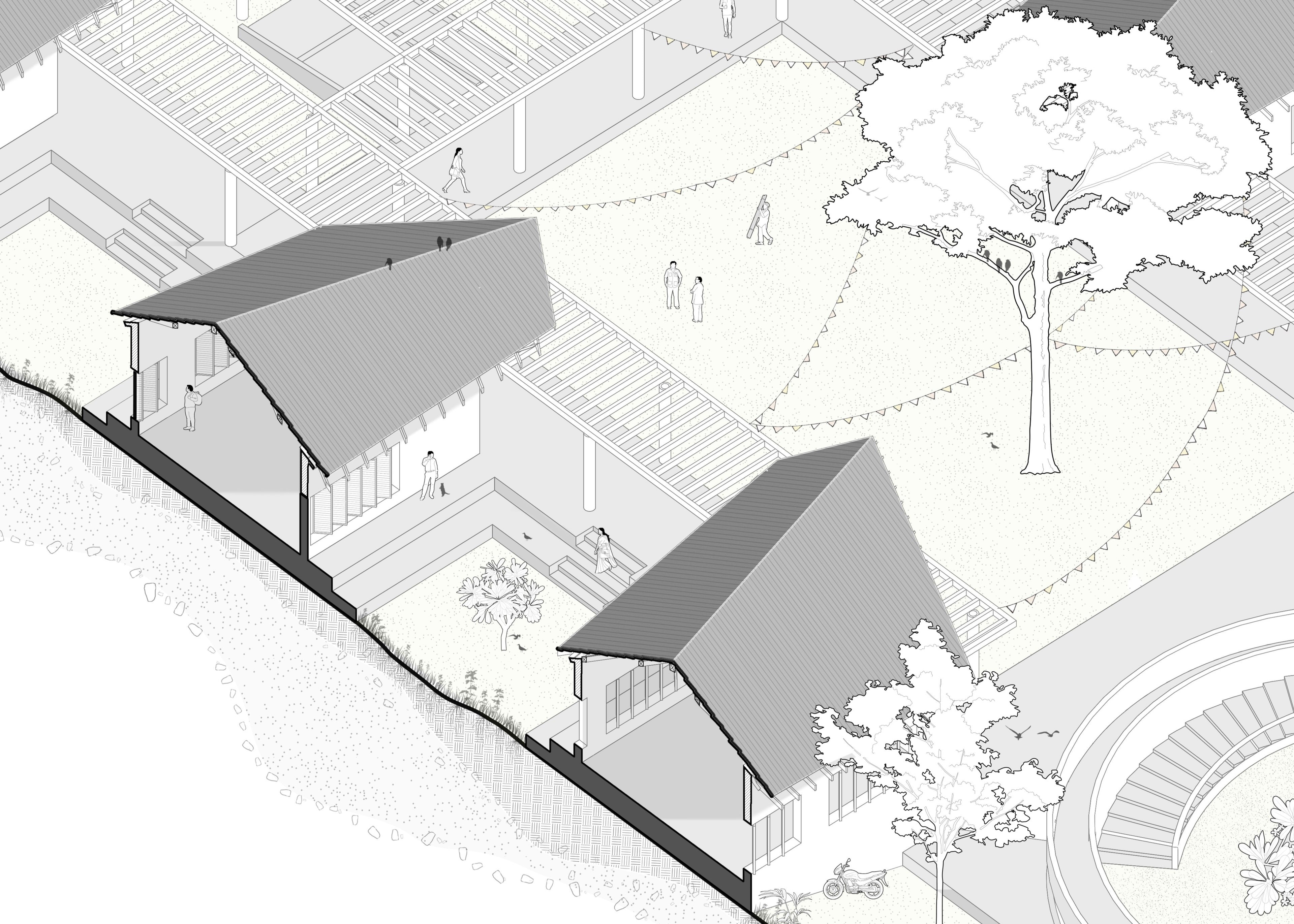 Isometric architectural drawing with Indian people, trees and vehicles vector cutouts.